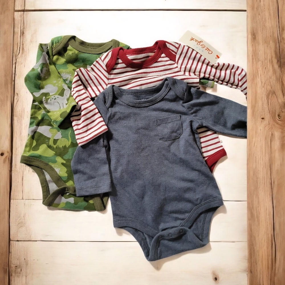 Cat & Jack Long Sleeve Snap Rompers 0-3mos Dino Striped Solid Gray Cotton Poly